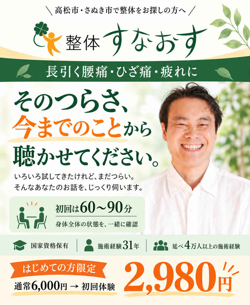 整体すなおす。長引く腰痛・ひざ痛・疲れにお悩みの方へ。身体のことを気にせず、日々を楽しみにしたい。これまでのことから、じっくり伺います。初回は60分から90分。国家資格保有、施術経験31年、延べ4万人以上の施術経験。通常初回8,000円(初見料2,000円+施術料6,000円)、初回体験2,980円。