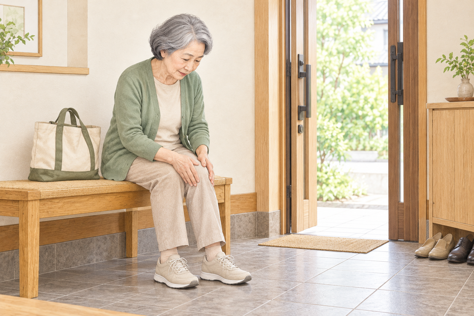 外出前に玄関のベンチに座り、ひざが気になってためらう女性のイメージ