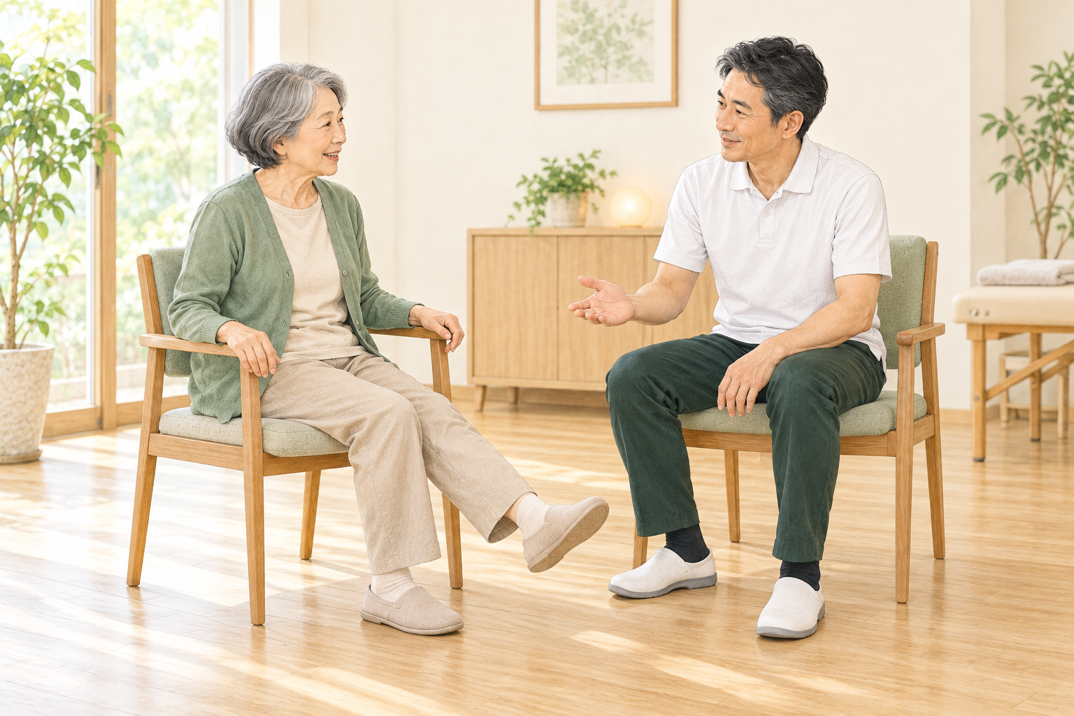 椅子で脚を動かし、施術者と感覚を一緒に確かめるイメージ