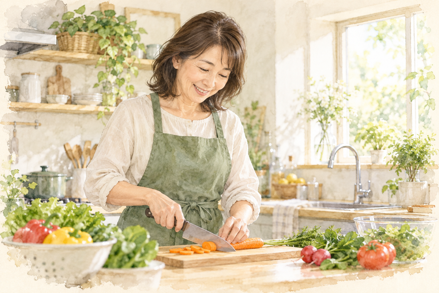 明るいキッチンで穏やかに料理をする50代女性