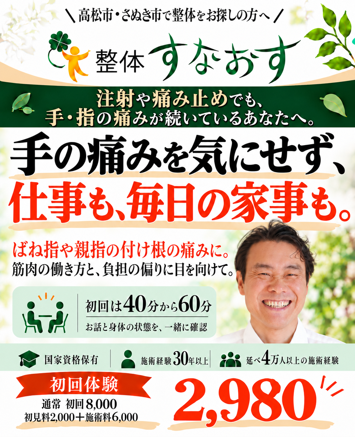 整体すなおす。注射や痛み止めでも、手・指の痛みが続いているあなたへ。手の痛みを気にせず、仕事も、毎日の家事も。国家資格保有、施術経験30年以上。初回体験2,980。通常初回8,000（初見料2,000＋施術料6,000）。初回40分から60分。